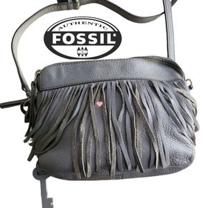 Fossil Gray Fringe Leather Crossbody Bag
